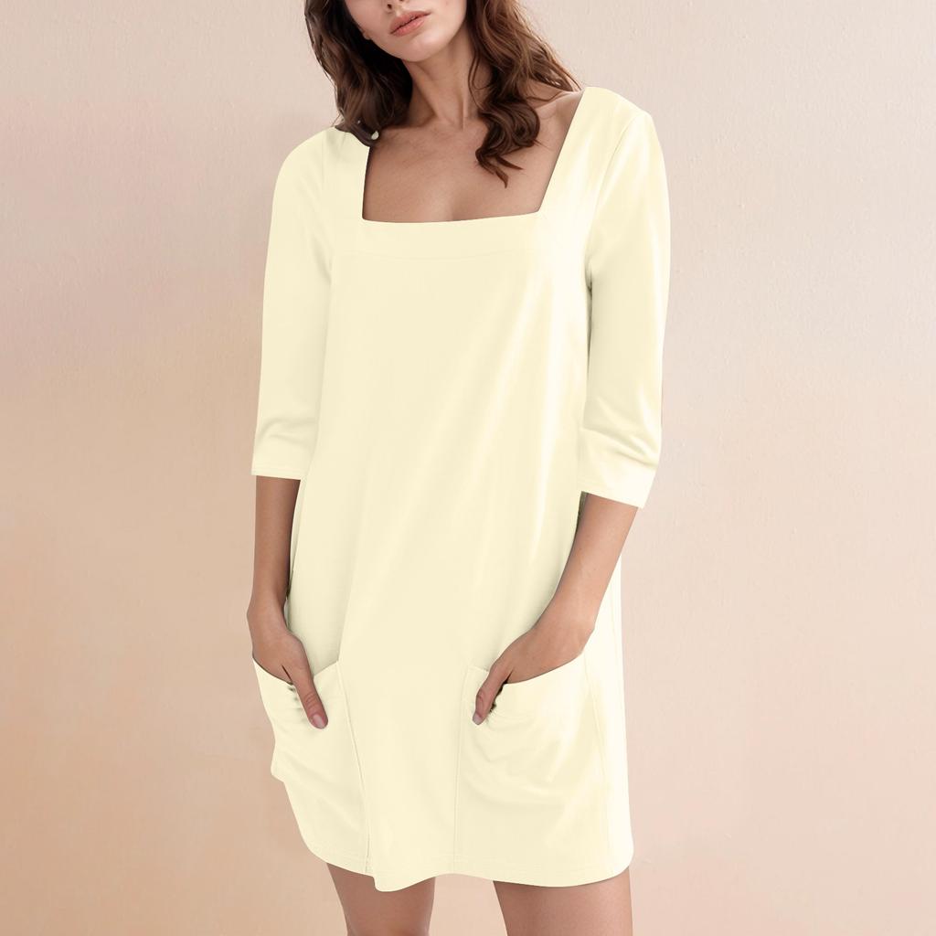 Женское модное повседневное однотонное короткое платье с квадратным вырезом и рукавом 3/4