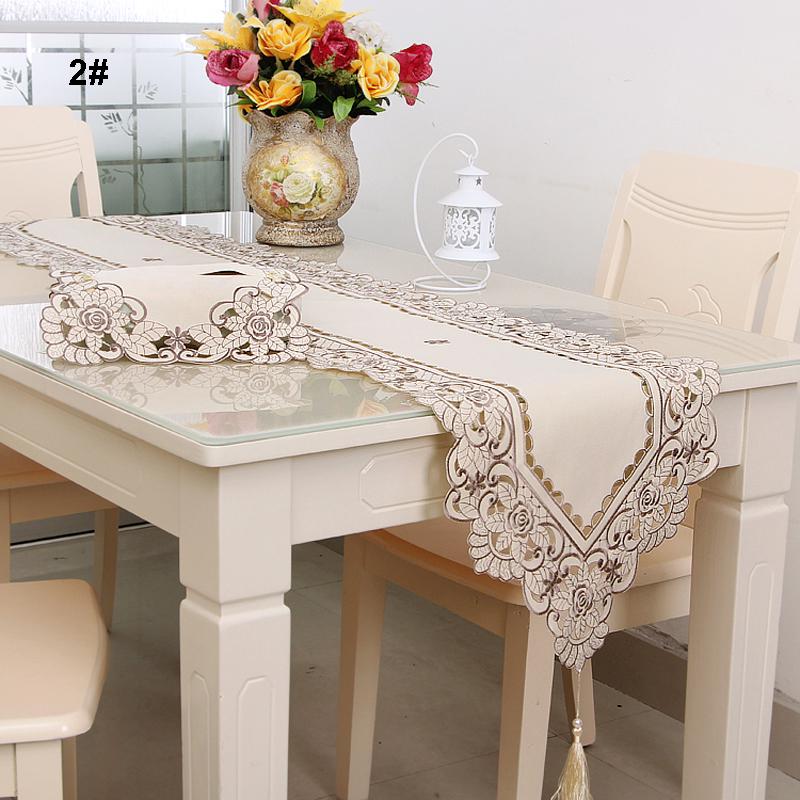 Table Runner Embroidered Floral Lace Translucent Gauze Table Cloth Hollow Design