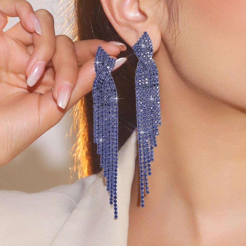European & American Style Full Diamond Long Tassel Earrings for Women
