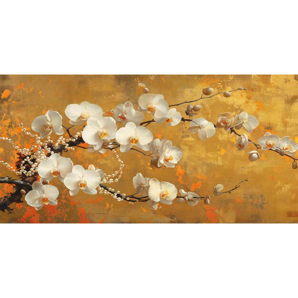 Modern Light Luxury Gold White Phalaenopsis Print Canvas Painting, White Orchid Pearl Wall Art, For Living Room Decor, No Frame