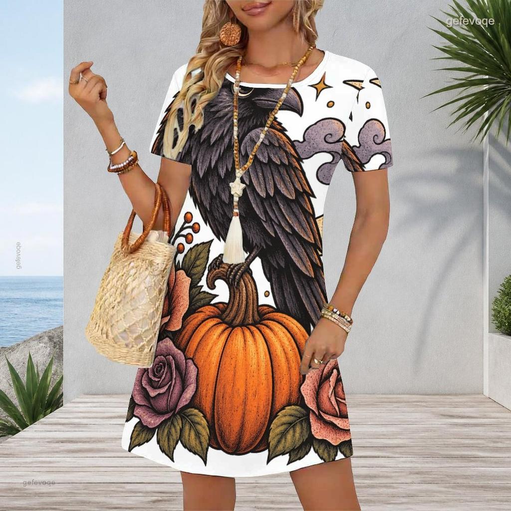Women Plus Size Round Neck Short Sleeve A Line Halloween Bear Pumpkin Printed Dress