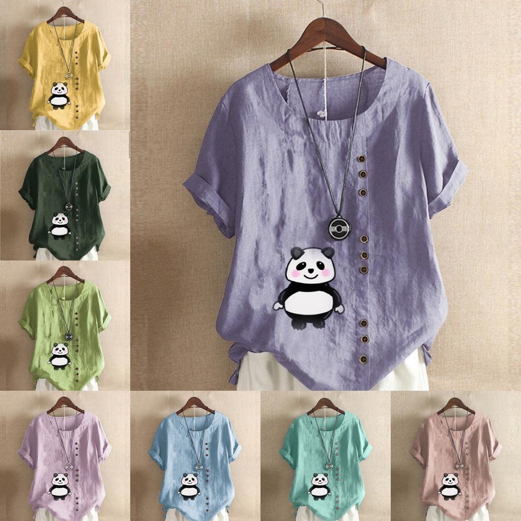 Women's Fashion Panda Print Short Sleeve T-shirt Loose Cotton Shirt Casual Loose Summer Blouse Tops Plus Size