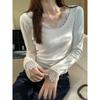 White Pure Lust Lace Low Collar Exposed Collarbone Sexy Long-sleeved T-shirt Women's Early Autumn New Elastic Slim Top