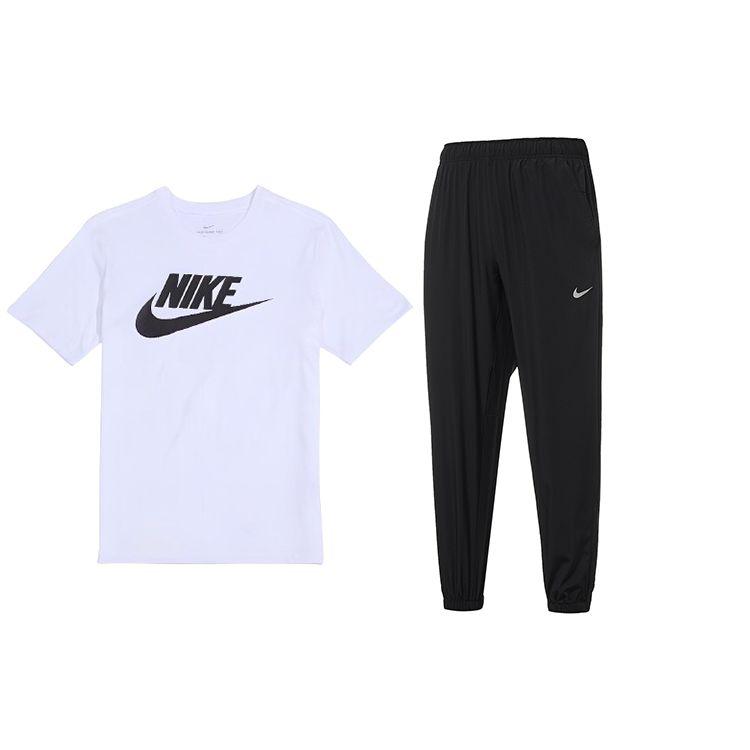 Nike Принт логотипа, стандартный рукав, круглый вырез, короткий рукав, однотонные свободные брюки с эластичными манжетами, повседневный спортивный комплект для мужчин AR5005-101+FB7498-010