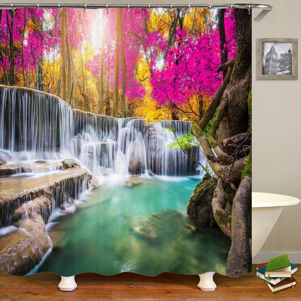 Современная 3D печать лесная занавеска для душа зеленое растение дерево Пейзаж занавеска для ванной с крючками для ванной комнаты водонепроницаемый пейзаж