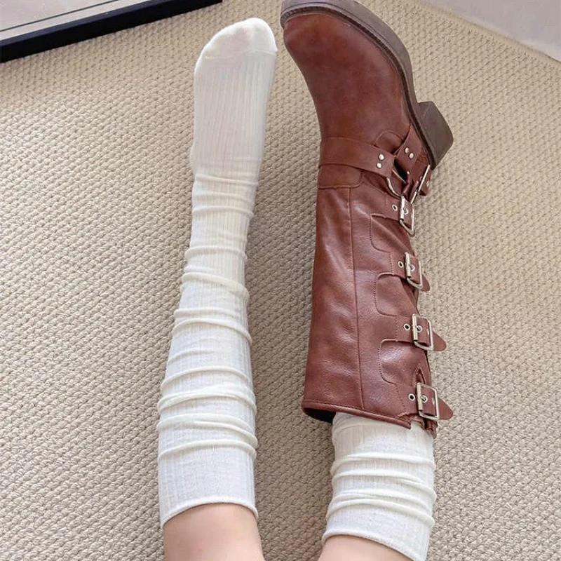 New JK Knee High Socks Thin Long Stacked Socks Women's High Solid Colour Patchwork Sock Japanese High Elasticity Stockings