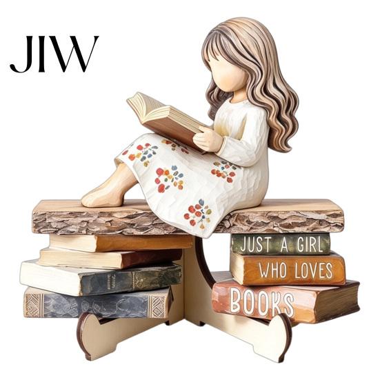 Stable Base Wooden Craft Reading Girl Figurine, Pastoral Style Statue Desktop Hand Painted Home Accessory Decor, Artistic Healing Ornament,