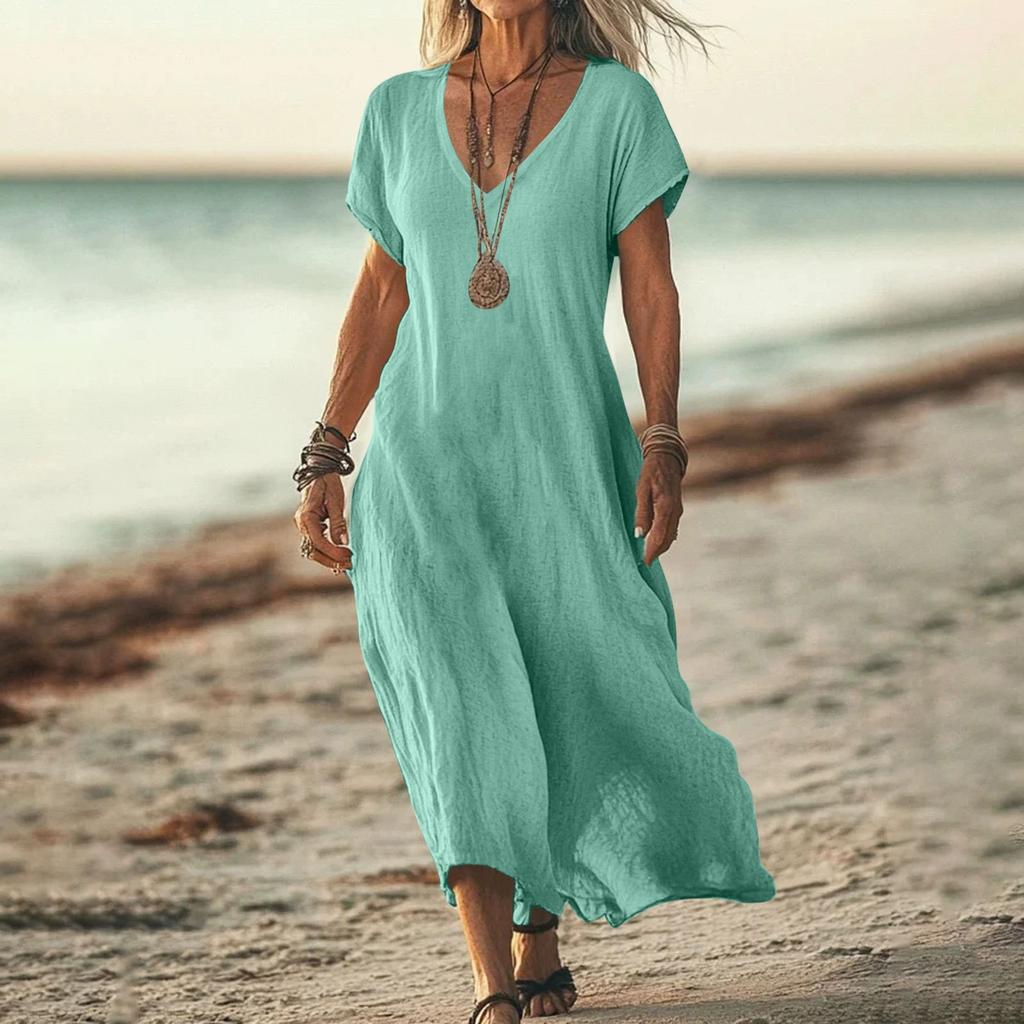 Модное женское однотонное платье с V-образным вырезом, длинное, свободное