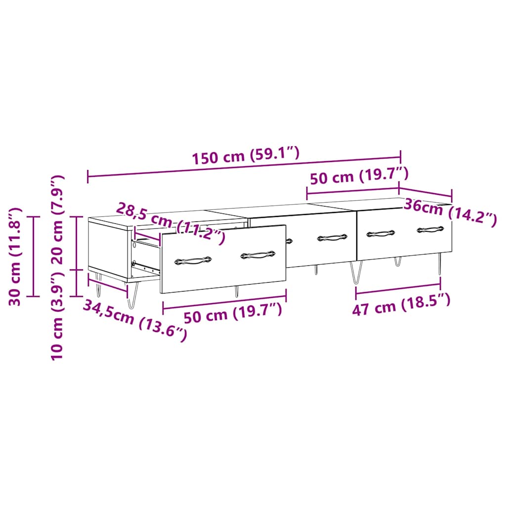 TV Stand Black Oak Effect 150 x 36 x 30 cm Particleboard
