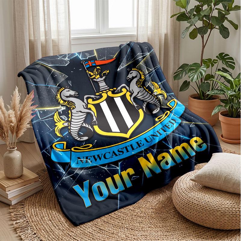 Newcastle United FC Custom Name Text Flannel Blanket Soccer Logo Personalized Fleece Throw Blanket Special Gift For Sofa Bedroom Home