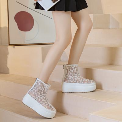 Женские крутые ботинки на толстой подошве лето 2025 новые простые свежие однотонные ботильоны с цветами сетчатые дышащие ботинки тренд