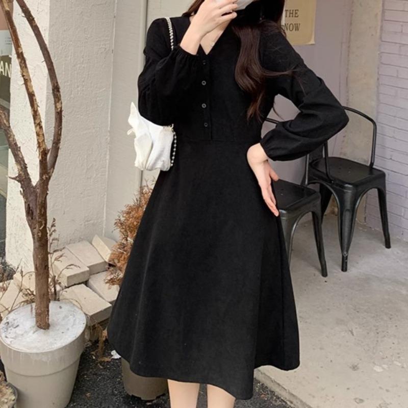 Женское весеннее платье в стиле ретро во французском стиле с V-образным вырезом и ремешком на талии из качественного вельвета