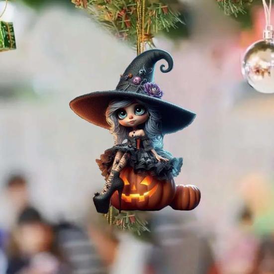 Halloween Witch Pendant Acrylic Car Charm Rearview Mirror Decoration Festive Atmosphere Scene Accessory