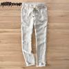 Spring and Summer New Man Pants Natural Pure Linen Long Pant Solid Color Drawstring Elastic Waist Trousers Daily Casual Pants
