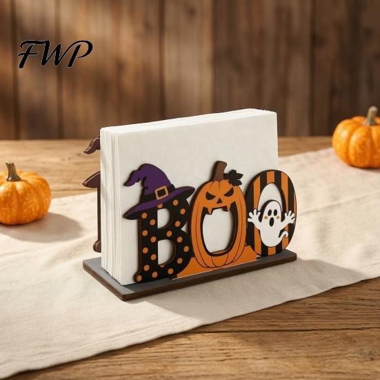 Holiday Gift for Kids Halloween Wooden BOO Napkin Holder, Cartoon Ghost Pumpkin Witch Hat Paper Towel Autumn Seasonal Decor Wood Table Centerpiece