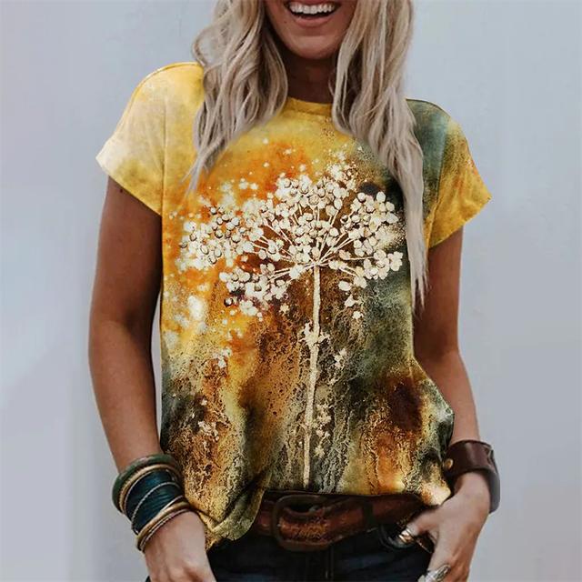 Женская футболка, летние модные топы с короткими рукавами, повседневная футболка с круглым вырезом и 3D цветочным принтом для женщин, одежда Y2k, футболки больших размеров