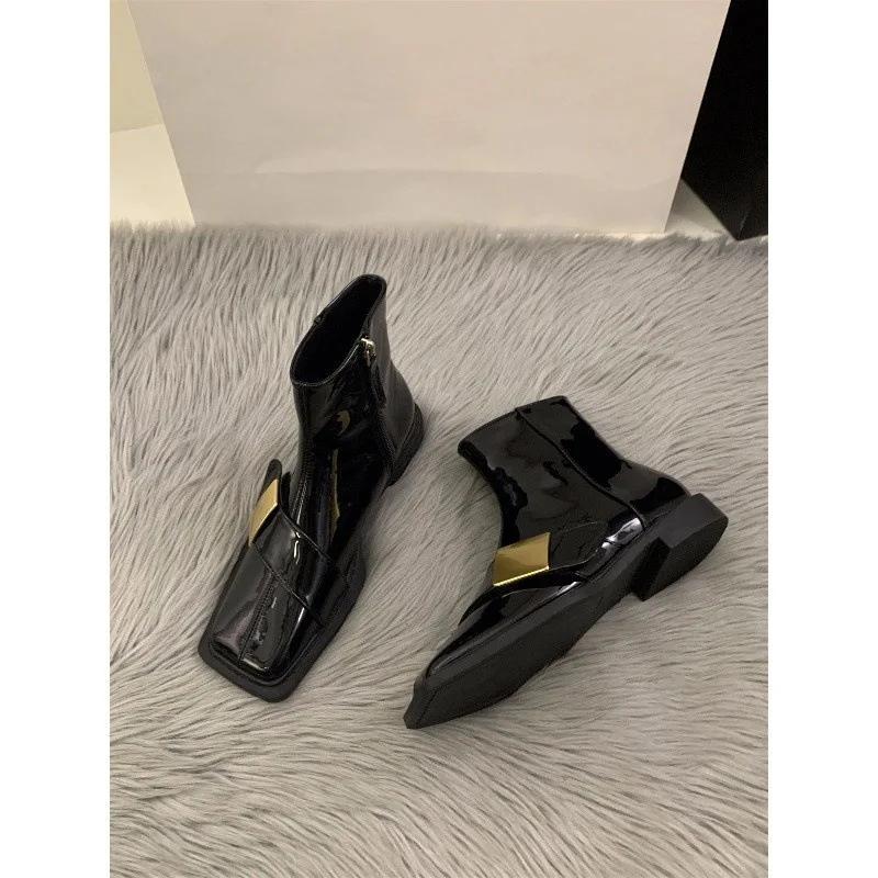 Модные черные женские ботинки с плоским дном и квадратным носком в британском стиле, новые весенние, осенние, зимние, ретро, короткие ботинки во французском стиле