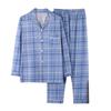 2Pcs/Set Men Pajamas Set Lapel Long Sleeve Single Breasted Tops Elastic Waist Long Pants Set Plaid Print Sleepwear
