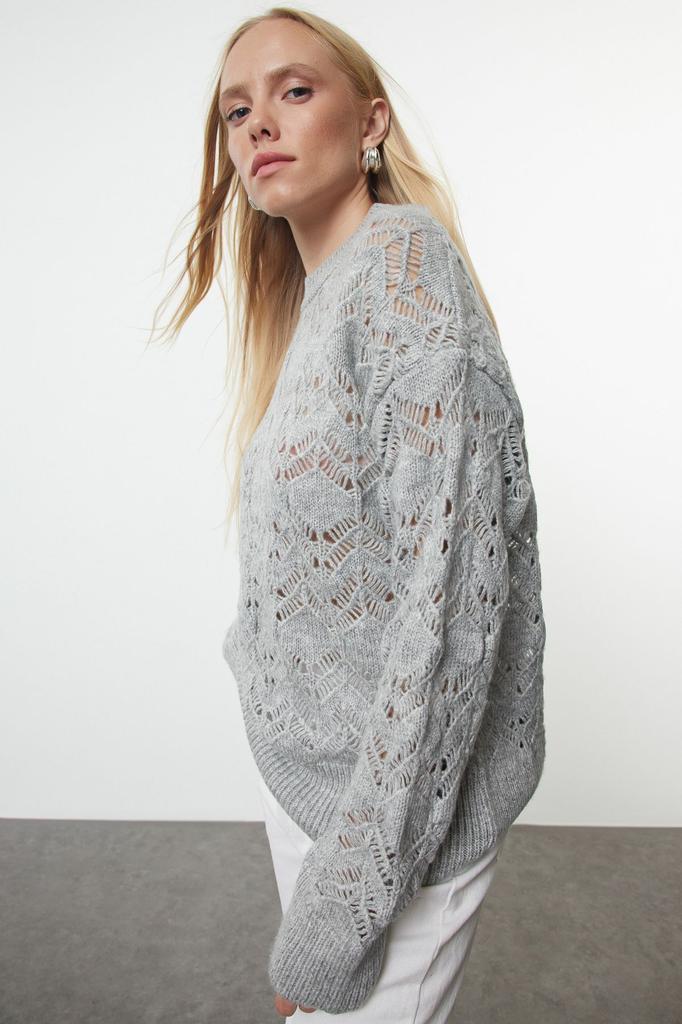 Женский модный стильный свитер, серый ажурный вязаный свитер с круглым вырезом и перфорацией