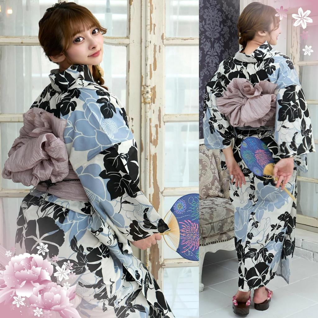 RAVIR Yukata Set with Morning and Gray Camellia Fluffy Obi and Geta One Size Fits All Women's 3-Piece White, Black, Glory, Patterns, Belt, Sandals,