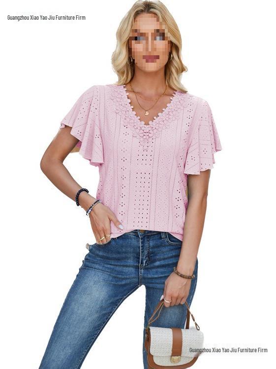 Spring/Summer Women's Lace V-Neck Ruffle Sleeve Loose T-Shirt