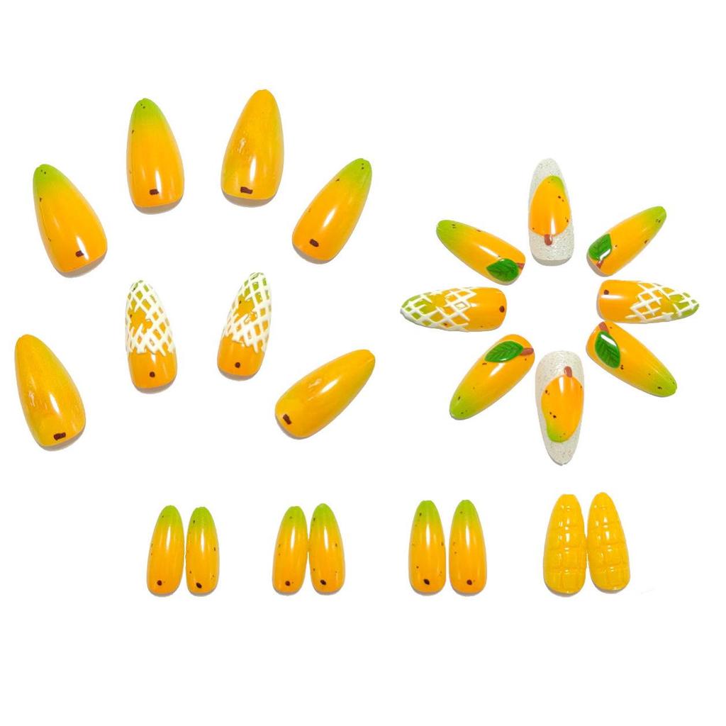 Almond-Shaped Fresh Mango Fake Nail Patches - Detachable, Wearable, Energetic Design