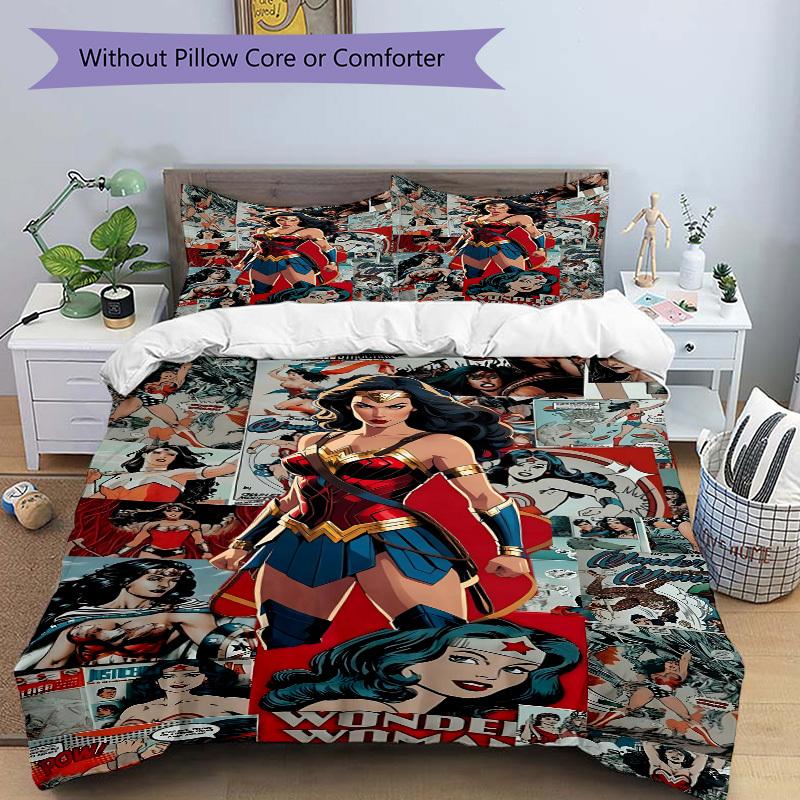 3pcs Wonder Woman Bedding Set, Soft Polyester Duvet Cover and Pillowcases Machine Washable Seasons all suitable & Guest Room Decor331