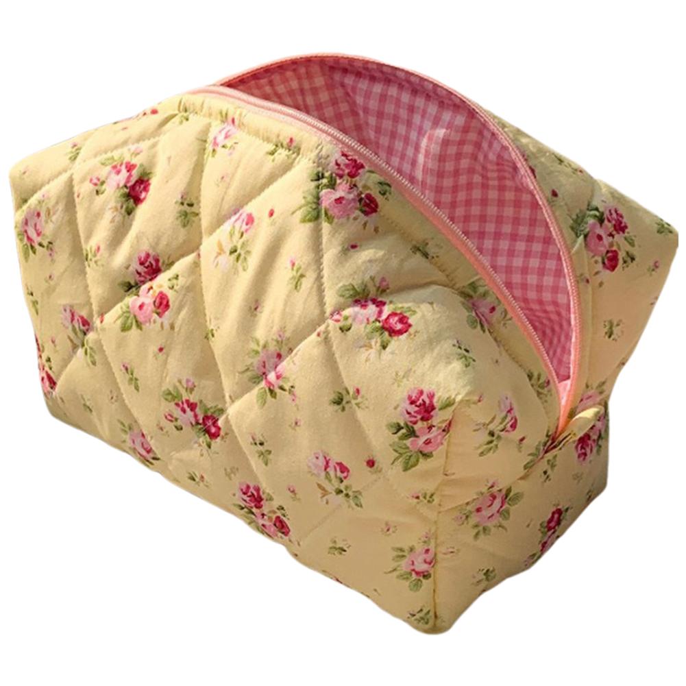 Cute Floral Travel Makeup Pouch Large Quilted Makeup Organizer Storage Bag with Zipper Skincare Bag Soft for Women and Girls