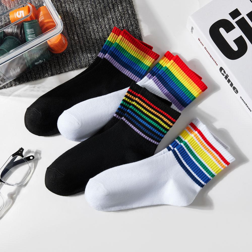 5 пар женских радужных носков, хлопковые милые полосатые белые носки, японские забавные носки в стиле Харадзюку, каваи