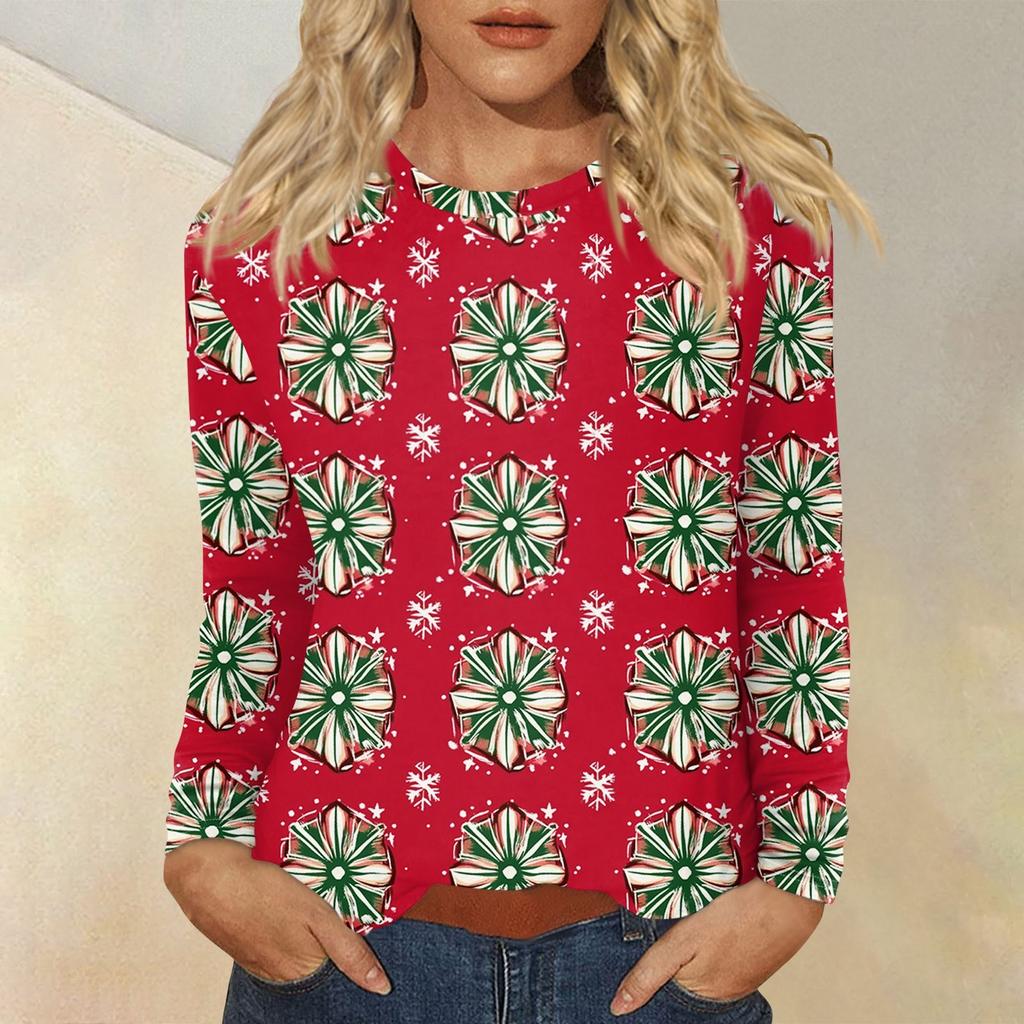 Рубашки с длинным рукавом для женщин, милые футболки с принтом на Рождество, блузки, повседневные топы больших размеров, пуловеры