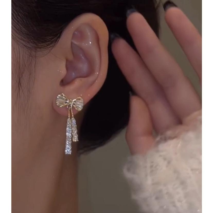 Luxury Bow Earrings for Women Sweet Zircon Tassel Earrings Piercing Accessories Jewelry