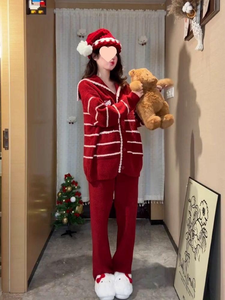 Женская бархатная домашняя пижама в корейском стиле, утолщенный комплект больших размеров для осени и зимы с рождественским настроением.