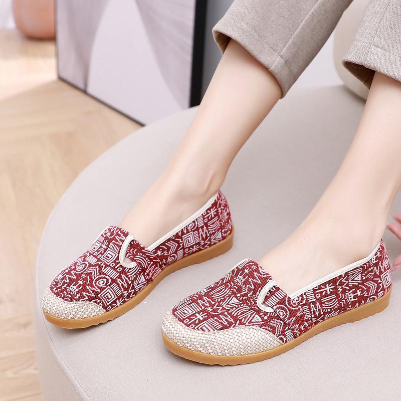Женская парусиновая обувь на плоской подошве в этническом стиле с неглубоким носком для людей среднего возраста, обувь для ленивой матери