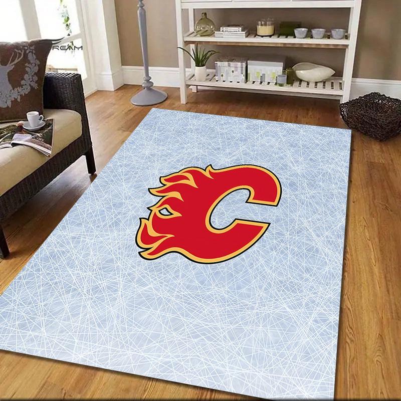 Calgary Flames Flannel Pattern Square Carpet,Area Rug,Carpet Rug for Living Room Bedroom Sofa Playroom Decor,Non-slip Floor Mat