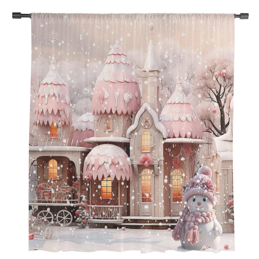 Christmas Snowman Snow Scene Pink House Sheer Curtains for Living Room Decoration Window Curtains Kitchen Tulle Voile Curtains