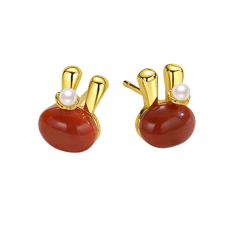 Cute Little Rabbit Jade White Jade Southern Red Earrings Small Earrings Year of Rabbit Earrings