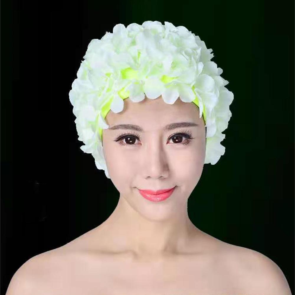 Women's Pleated Flower Swimming Cap Free Size Soft Long Hair Breathable Shower Cap Beach Surfing Protect Ears Elastic Caps Cozy