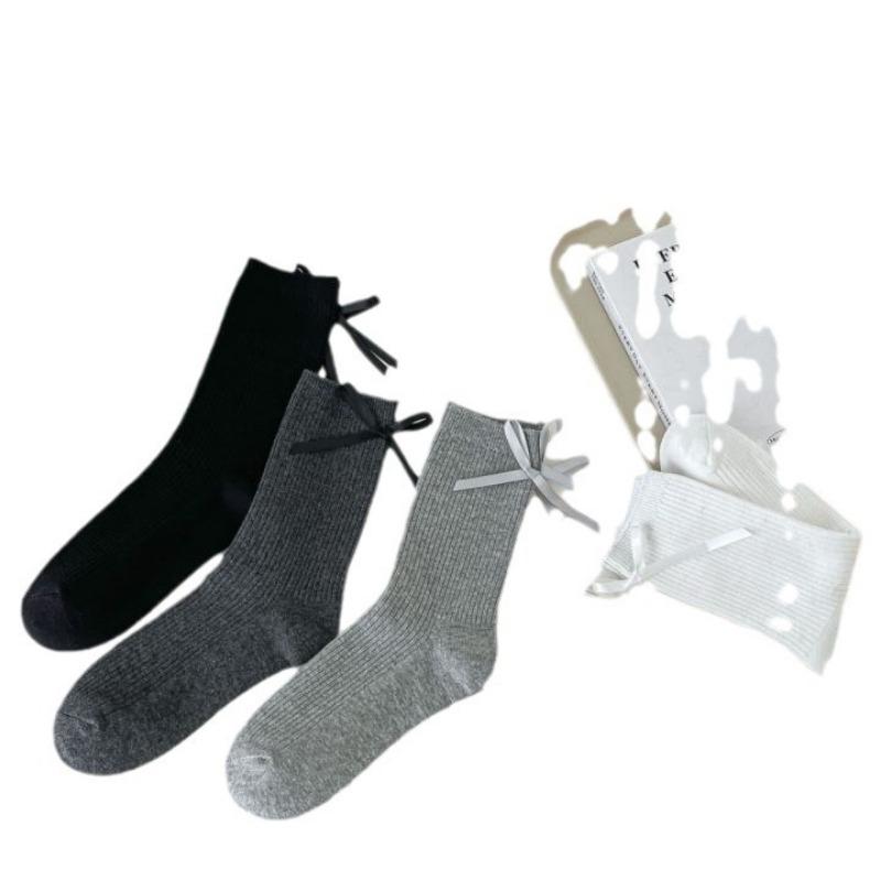Ballet-style Spring and Summer Thin Cream White Socks for Women, Mid-calf Socks, Bow, Versatile, Black Pile Socks