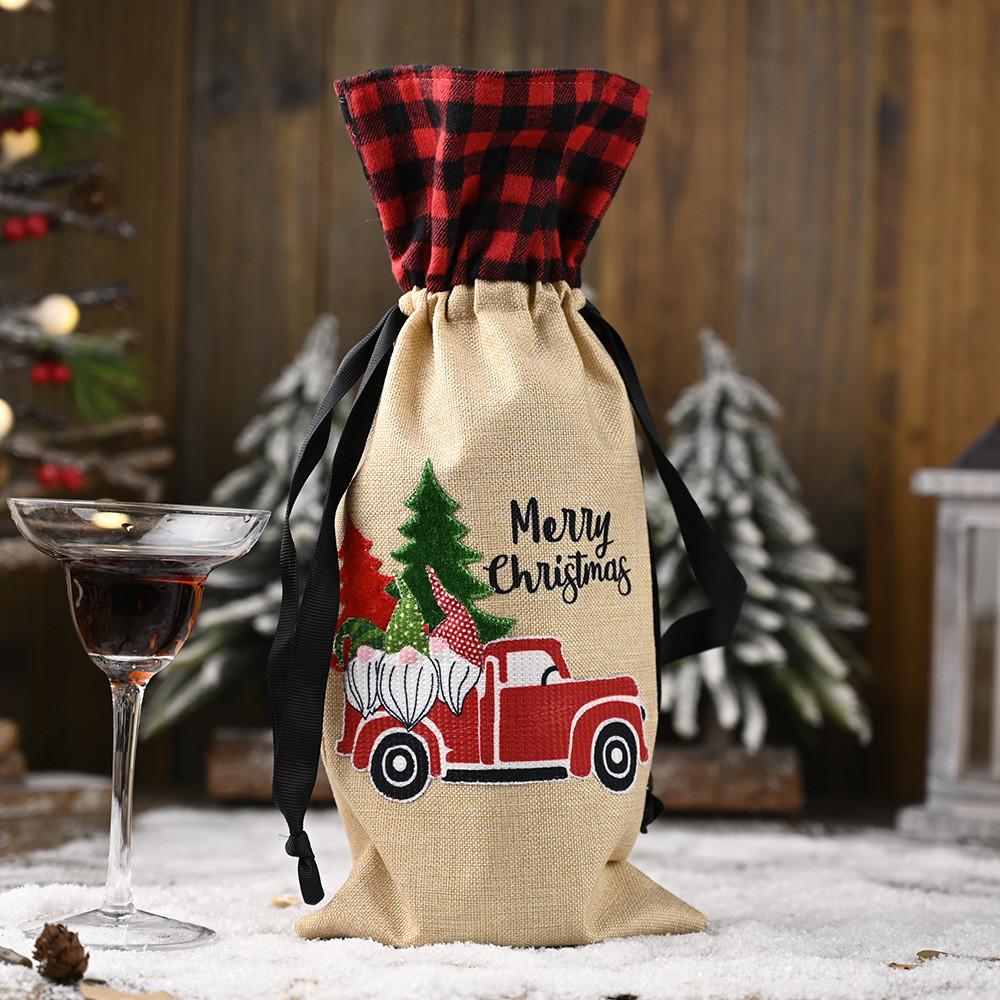 Charming Forest Santa Car Wine Bottle Bag Stylish Checkered Fabric Christmas Decoration
