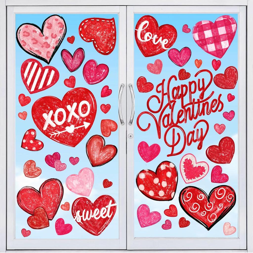 DIYDEC 6 Sheets Valentines Window Cling Double-Sided Pink Red Love Heart Window Stickers Happy Valentines Window Decals for Home Wedding Anniversary
