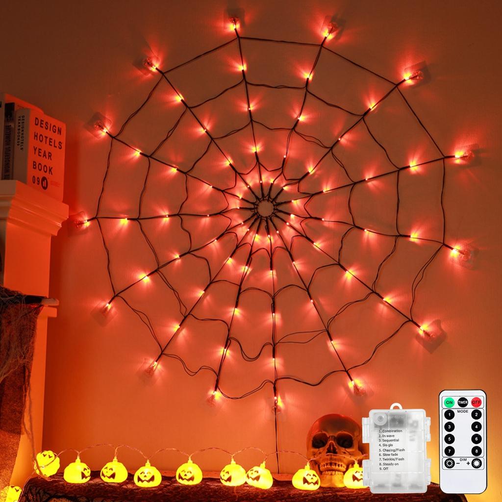 Battery Powered Halloween Spider Web Lights 70 LED Waterproof Cobweb Decorative String Lamp with 8 Modes For Haunted House Party