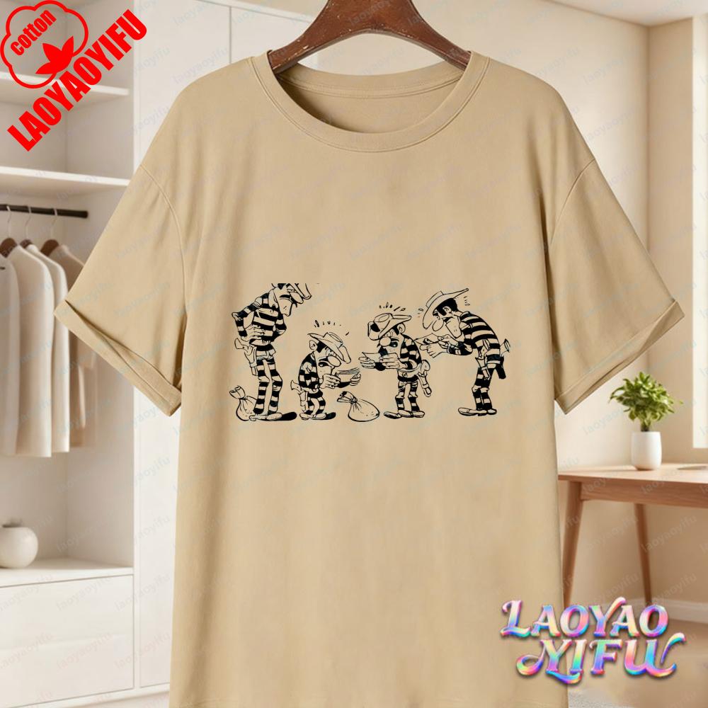Lucky Luke Full Cast Print Casual Tops Playful Western Cartoon Cotton Tee Funny Vintage Classic Anime Shirt Trend Unisexs Clothing