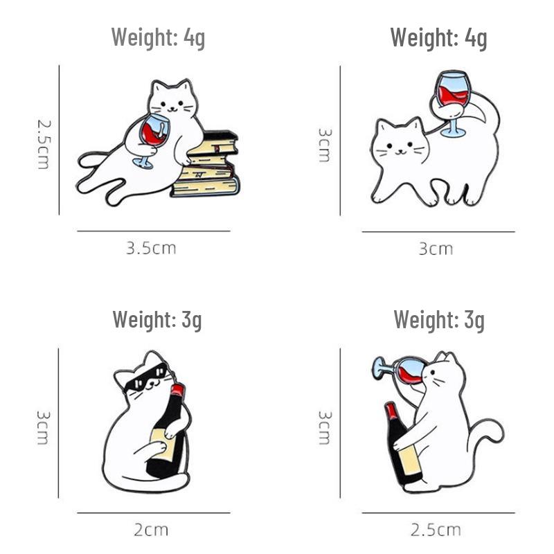 Очаровательная брошь в виде котенка, бутылки и бокала красного вина - эмалевый значок