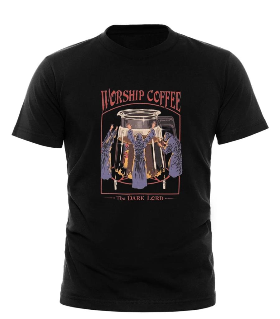 Worship Coffee T-Shirt Retro Dark Humor The Dark Lord Funny Graphic Tee cotton
