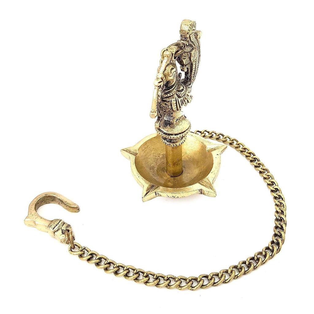 New Handmade Ethnic Peacock Design 5 Oil Wick Brass Hanging Diya, Brass Diyas for Decoration, Standard, Pack of 1