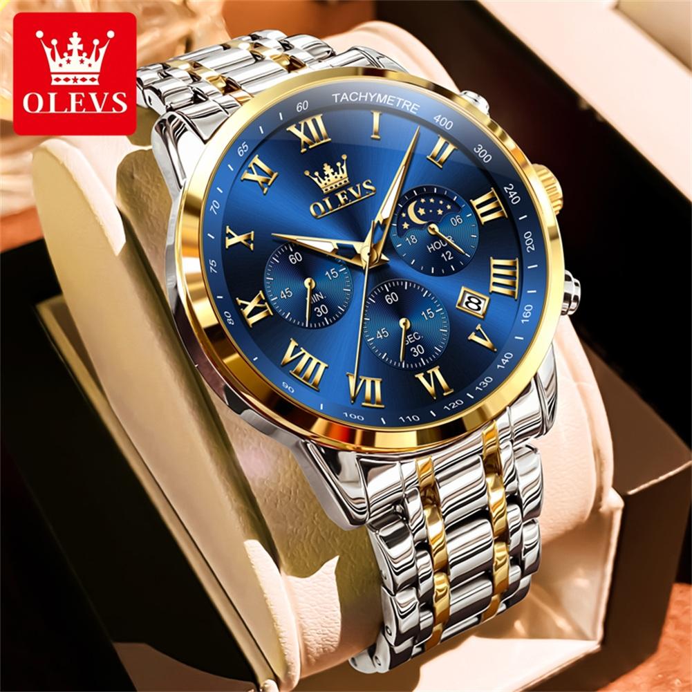 OLEVS Men's Watches Sport Fashion Fine Steel Original Brand Quartz Wristwatch for Man Roman Scale Waterproof Moon Phase Date New