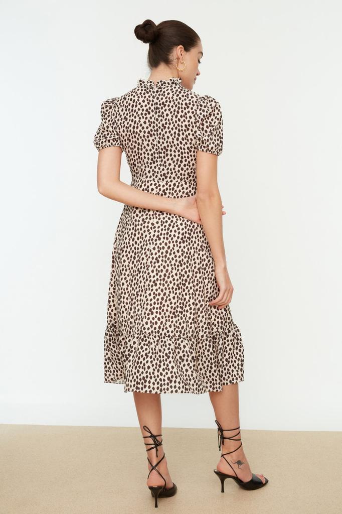 Women's Fashion New Dress Green Floral Patterned A-Line Flounce Lined Midi Woven Dress