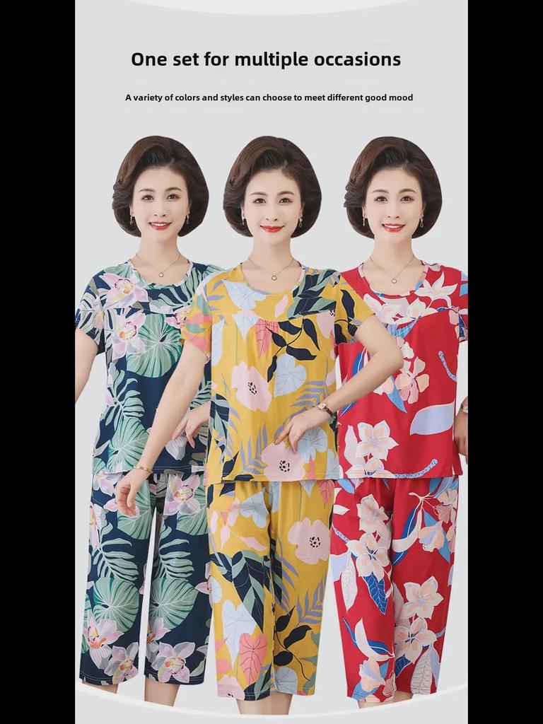 Женский летний пижамный комплект из хлопкового шелка - комплект из двух предметов с короткими рукавами для матерей среднего и пожилого возраста, подходит для ношения в помещении и на улице