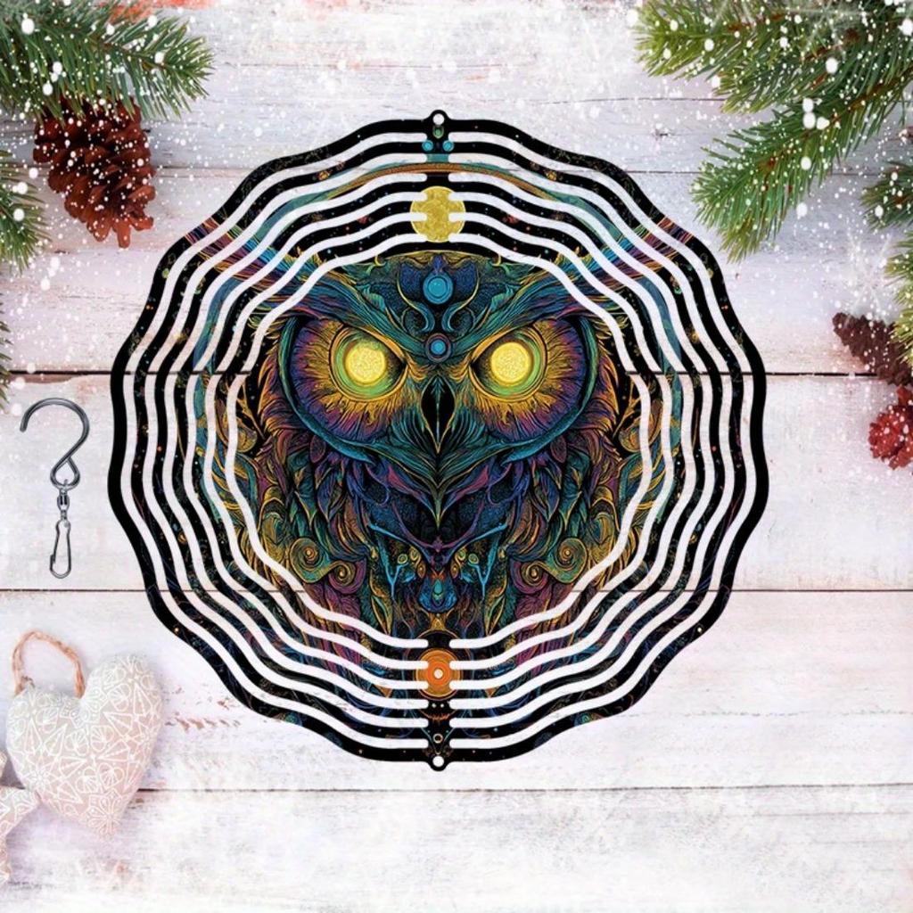 1 шт. Металлический колокольчик ветра в стиле мандалы 3D «Темная ночная сова» - Вращающийся на 360° садовый декор с яркими цветами, не требует электричества