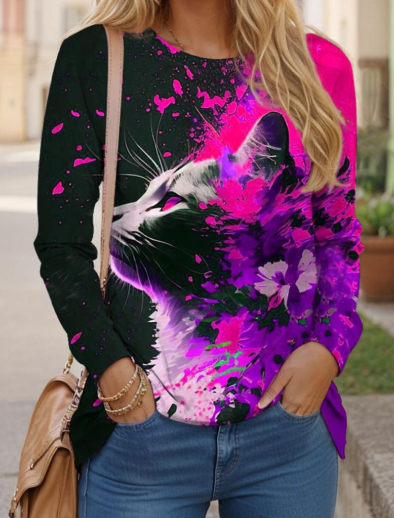 Women's T Shirts 3D Print Art Design Cat Pattern Long Sleeve Daily Weekend Fashion Funny Round Neck Regular Fit Spring & Fall